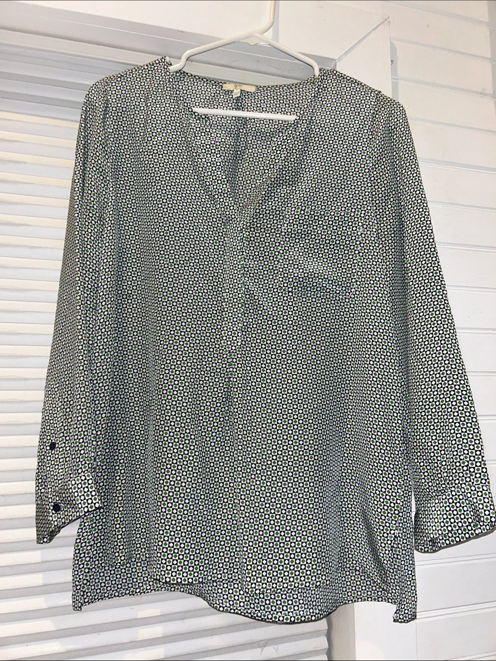 Joie 100% Silk Geometric Print V-Neck Top | Blue/White/Green | Size S